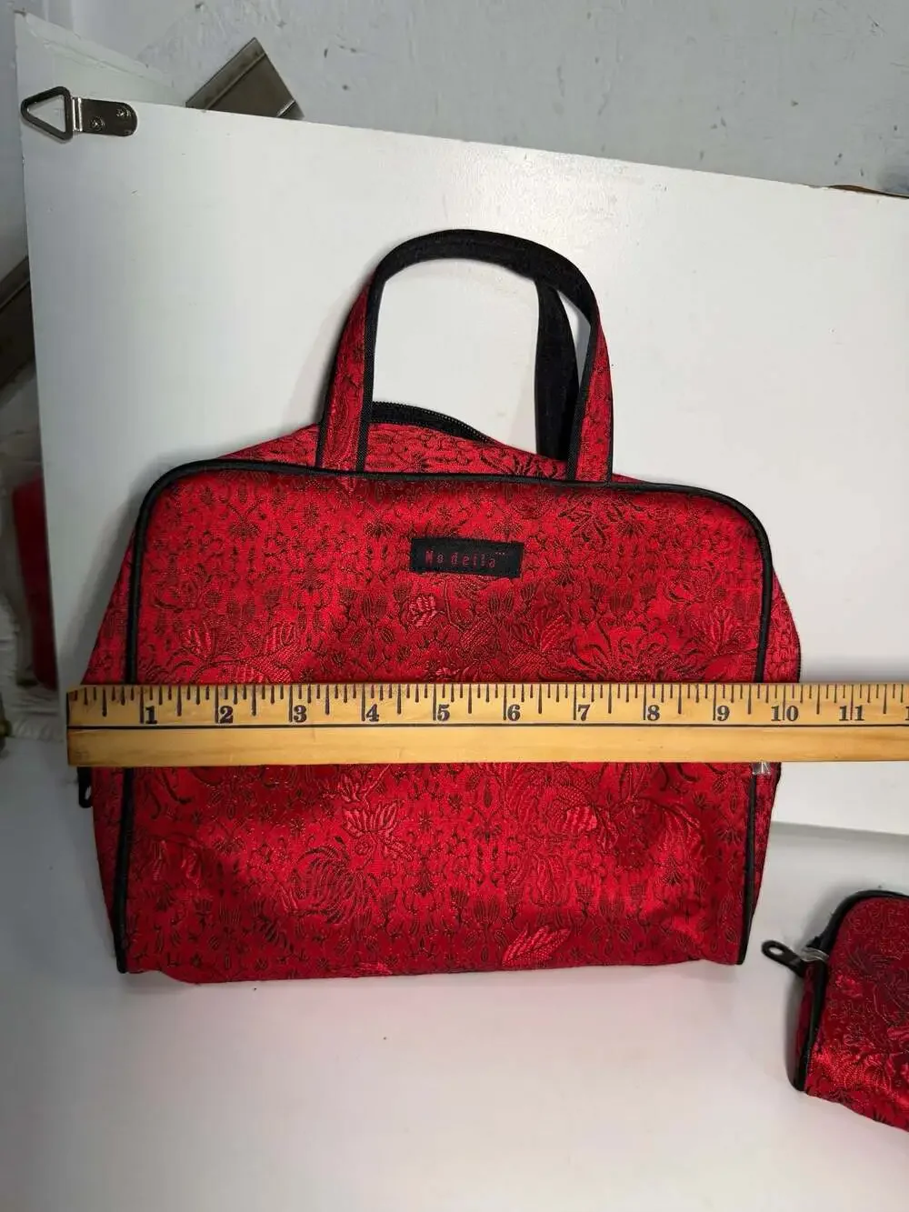 Modella Red Floral Brocade Cosmetic Makeup Bag Set